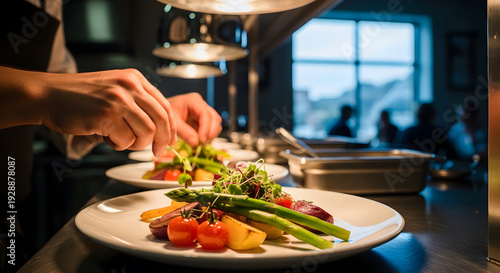 Close up of a chef carefully arranging asparagus tomatoes and microgreens on a white plate under heat lamps