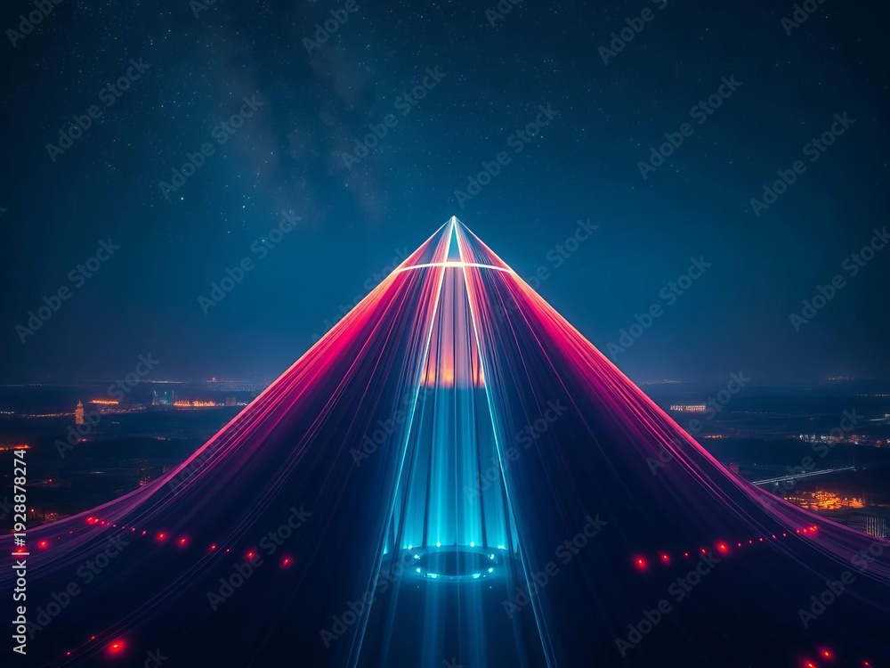 Obraz premium Silken night drapes a luminous pyramid, a solitary beacon piercing the star-dusted dark from heavens' gaze, Pyramid, high angle