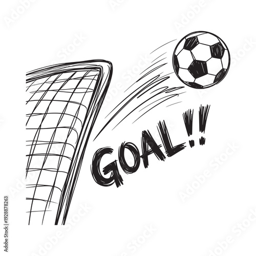 A sketch depicts a soccer ball in flight towards a goal with the word goal prominently displayed