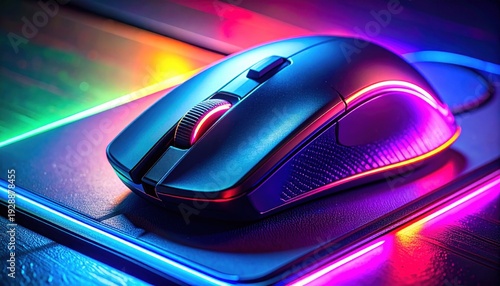 Gaming mouse illuminated with vibrant RGB lighting on mousepad.