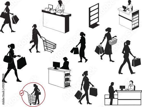 Retail and Shopping Silhouette Collection with Customers, Cashier Counter, Shopping Cart and Store Interior Scenes, Consumer Behavior and Supermarket Activity Vector Set