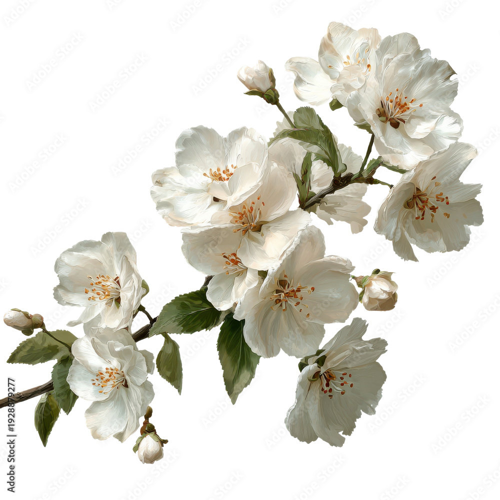 Fototapeta premium Delicate white jasmine flowers with green leaves on black background bloom blossom