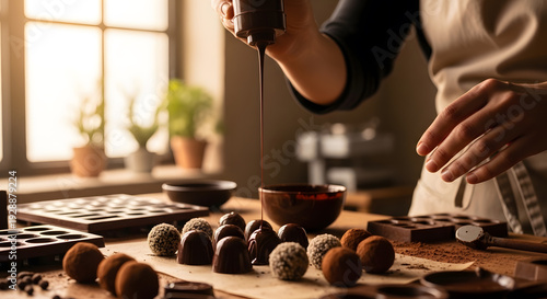 Professional confectioner decorating sweet chocolate candies in kitchen workshop