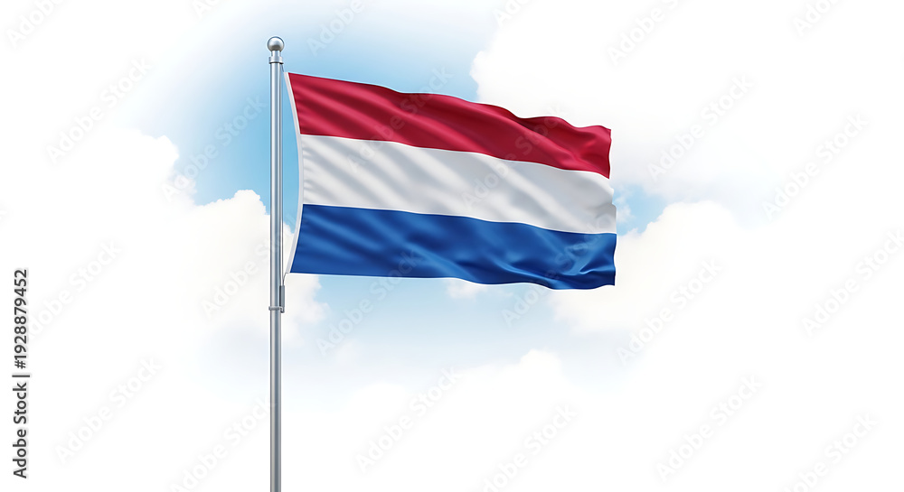 Obraz premium The dutch flag waving in the sky with clouds and blue background.