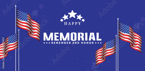 Happy Memorial Day banner with waving American flags and remembrance message