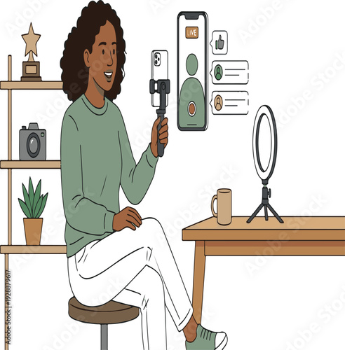 Social Media Influencer Character Streaming Live with Smartphone and Ring Ligh