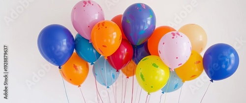 Vibrant painted balloons in a whimsical arrangement against a clean backdrop,  colorful balloons,  fun