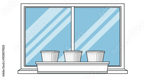 Minimalist illustration shows three empty white plant pots sitting on a windowsill inside a frame with a blue sky background.