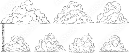 Eight cumulus cloud vector illustration, black and white line art, detailed sky formations, meteorology design, atmospheric nature drawing collection