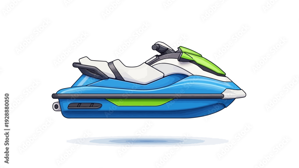 Naklejka premium Bright blue and white personal watercraft with green accents, ideal for recreational aquatic activities and water sports adventures