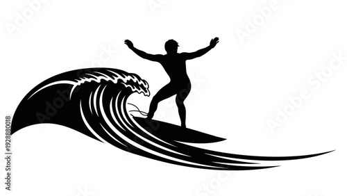 Surfer riding a big wave, silhouette of a man on a surfboard during a wave crest, dynamic water sports illustration