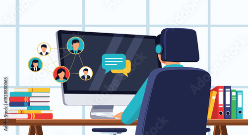 Remote worker with a headset operates a computer showing a network of people with books and colorful folders on an office desk.