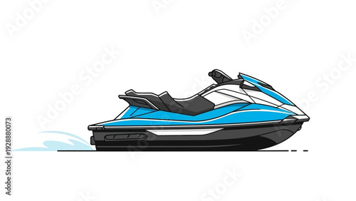 Blue and white personal watercraft with waves trailing behind it, illustrating recreational water sport activities and aquatic adventure