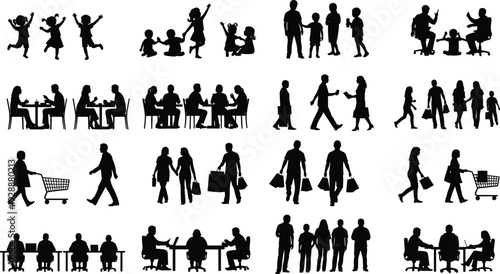 Human activity silhouettes, children playing, adults walking, people shopping, sitting at tables, working at desks, social interaction vector illustration design
