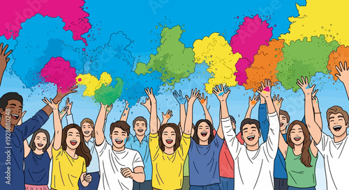 Joyful Crowd Throwing Gulal Powder Party