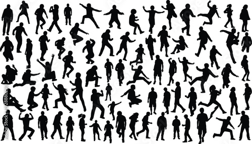 Human silhouette icons collection, people activity poses, walking running jumping graphics, motion vector artwork, lifestyle design elements set