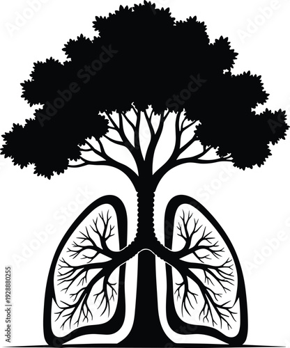 Tree lung silhouette, nature health concept, ecology illustration, oxygen balance, environmental design, vector art, human respiration, sustainability artwork