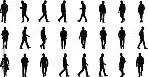 Human silhouette walking and standing poses, people motion icons collection, lifestyle vector artwork, posture design elements, activity graphics set