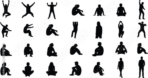 Human silhouette vector illustration, diverse body poses artwork, gesture design element, physical movement graphic, abstract posture collection for creative projects