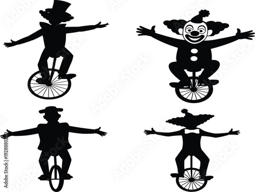 Black circus clown silhouettes riding unicycles isolated on white background for carnival and festival design projects