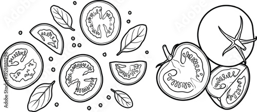 Hand drawn tomato slices and leaves on transparent background vector