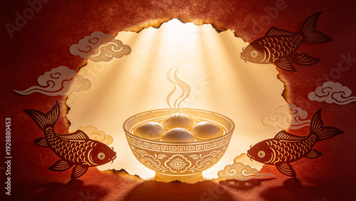 Surreal Scene of Tangyuan Bowl with Golden Fish and Light Rays