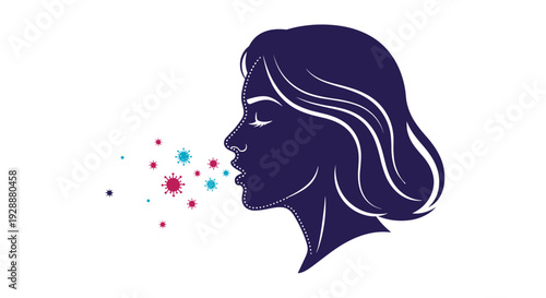 Silhouette of a woman in profile illustrates the spread of virus particles through coughing or sneezing on a clean white background.