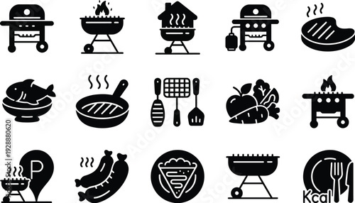Set of 15 barbecue and grilling icons black vector on transparent background
