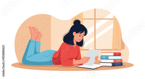 Young woman lies on the floor while reading a book with several stacks of textbooks nearby in a cozy room with a window view.