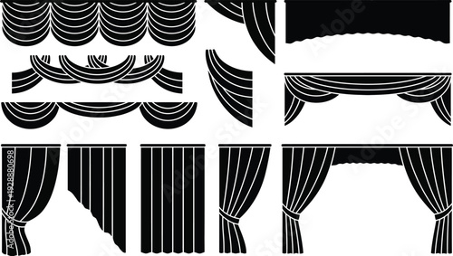 Drapery and curtain designs for stage and window decoration with tiebacks and pelmets