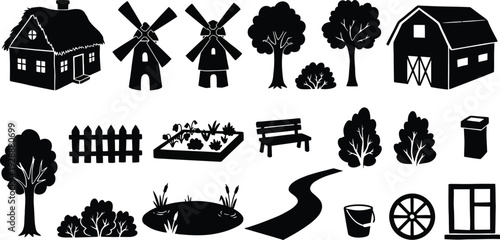 Rustic farm silhouettes including barn house windmill trees and garden elements collection