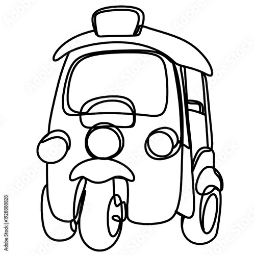 Continuous one line drawing of a thailand tuk tuk, traditional southeast asian three-wheeled taxi vehicle illustration