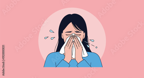 Illustration of a woman in a blue shirt sneezing into a white tissue with water droplets around her against a pink background.