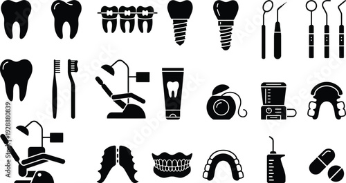 Dental care icons set with teeth implants toothbrushes and dental tools