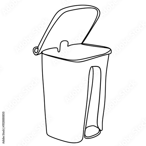 Line art illustration of a trash can with open lid and foot pedal.