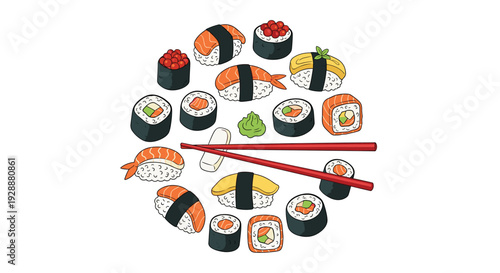 Large variety of sushi rolls, nigiri, and sashimi arranged in a circular pattern with a pair of red chopsticks in the center.