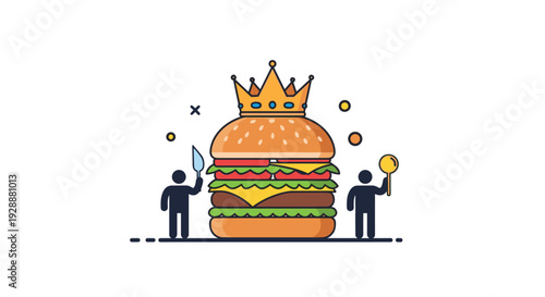 Whimsical illustration of a massive multi-layer hamburger wearing a gold crown flanked by two small human figures holding utensils.