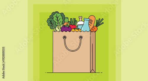 Brown paper grocery bag is filled to the top with fresh green vegetables, orange carrots, and bottles of milk against a green wall.