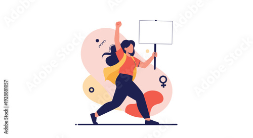 Determined woman activist shouting and holding a blank sign for protest or campaign with female symbol in the background.