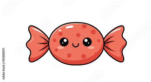 Single cute cartoon candy in a red wrapper with white dots has a friendly smiling face and is isolated on a white background.