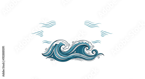 Highly detailed and stylized ocean waves in various shades of blue crashing against each other on a white background.