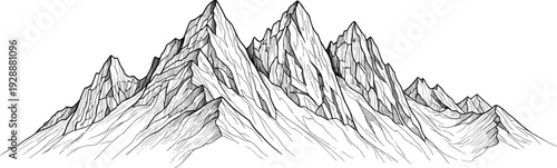 Mountain range illustration, jagged peaks drawing, rugged terrain artwork, natural geography vector, outdoor adventure design, wilderness sketch elements