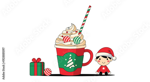 Large festive Christmas cup with whipped cream and sprinkles next to a small cute elf and a green gift box on white background.
