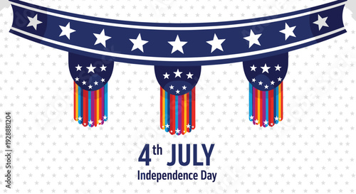 Patriotic bunting with stars and stripes hangs over the text fourth of july independence day on a light gray starry background.