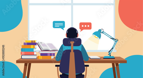 Student with a headset sits at a desk with an open book and lamp while looking out a window with chat bubbles on the screen.