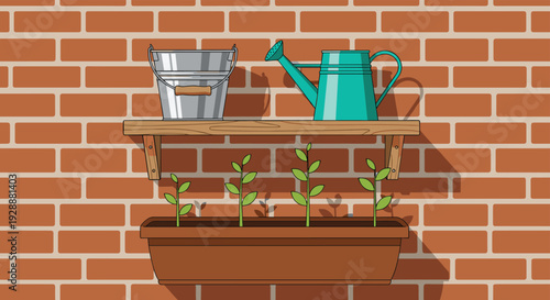 Garden shelf mounted on a brick wall holds a metal bucket and turquoise watering can above a long wooden planter with green seedlings.