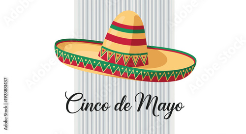 Traditional Mexican sombrero with red and green patterns sits above the text cinco de mayo against a background of vertical lines.