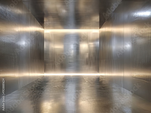 Modern metallic interior with sleek reflective surfaces and ambient lighting