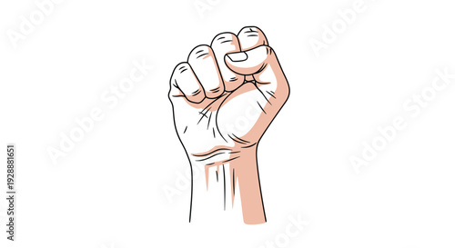Detailed line drawing shows a human hand clenched into a powerful fist to represent strength, unity, or protest in a simple style.