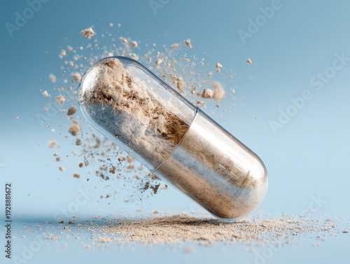 Breaking open a supplement capsule with powder spilling out